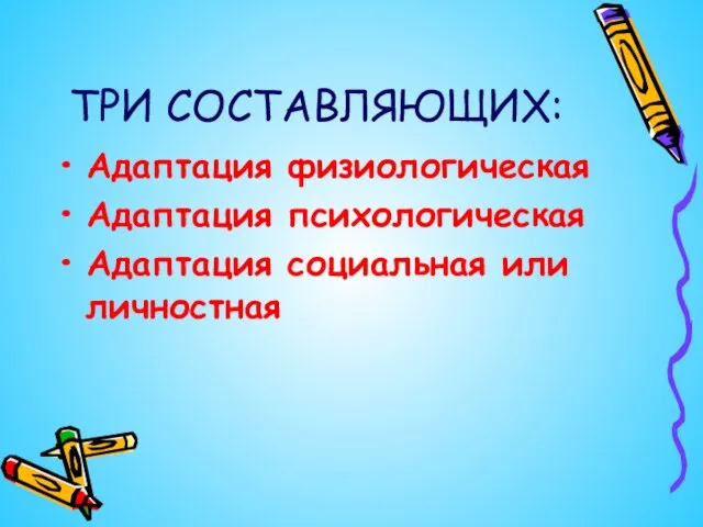 ТРИ СОСТАВЛЯЮЩИХ: Адаптация физиологическая Адаптация психологическая Адаптация социальная или личностная