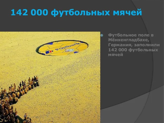 142 000 футбольных мячей Футбольное поле в Мёнхенгладбахе, Германия, заполнили 142 000 футбольных мячей