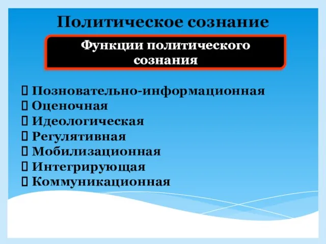 Политическое сознание Функции политического сознания Позновательно-информационная Оценочная Идеологическая Регулятивная Мобилизационная Интегрирующая Коммуникационная