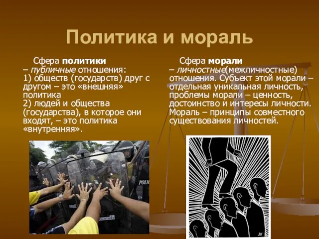 Политика и мораль Сфера политики – публичные отношения: 1) обществ (государств) друг