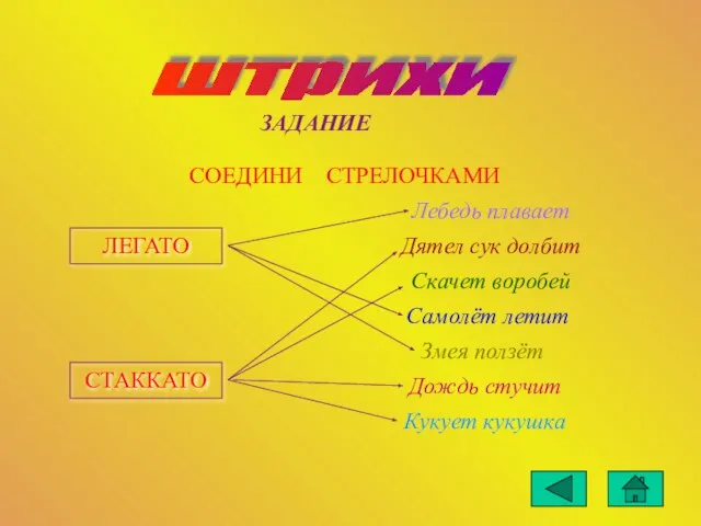 штрихи ЛЕГАТО СТАККАТО ЗАДАНИЕ СОЕДИНИ СТРЕЛОЧКАМИ Лебедь плавает Дятел сук долбит Скачет