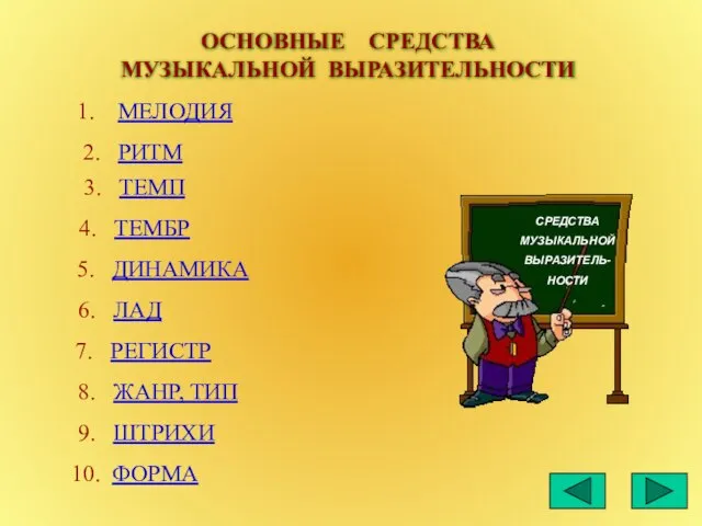 ОСНОВНЫЕ СРЕДСТВА МУЗЫКАЛЬНОЙ ВЫРАЗИТЕЛЬНОСТИ МЕЛОДИЯ 2. РИТМ 3. ТЕМП 4. ТЕМБР 5.