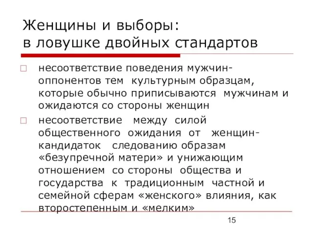 Женщины и выборы: в ловушке двойных стандартов несоответствие поведения мужчин-оппонентов тем культурным