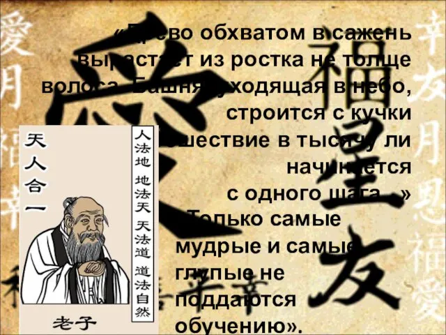 «Древо обхватом в сажень вырастает из ростка не толще волоса. Башня, уходящая