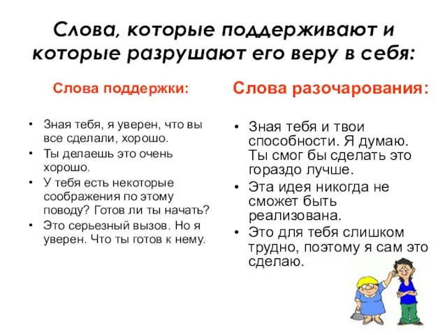 Слова, которые поддерживают и которые разрушают его веру в себя: Слова поддержки: