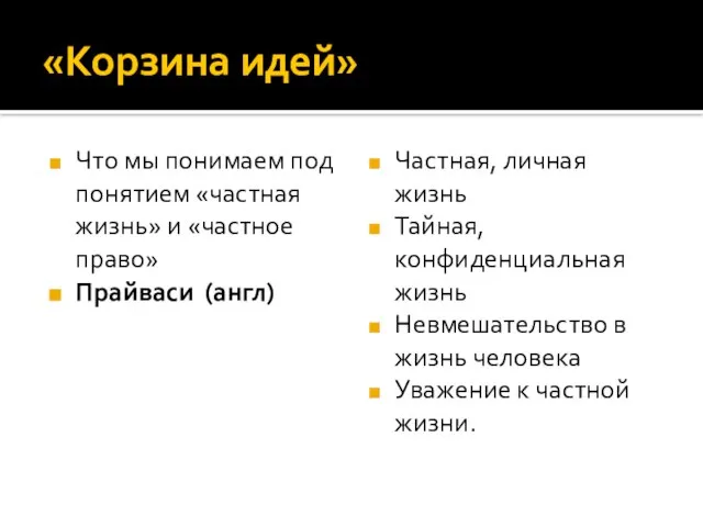 «Корзина идей» Что мы понимаем под понятием «частная жизнь» и «частное право»