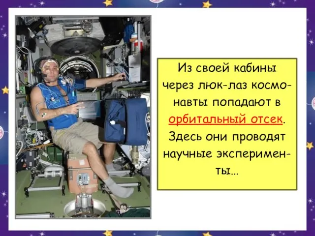 Из своей кабины через люк-лаз космо- навты попадают в орбитальный отсек. Здесь