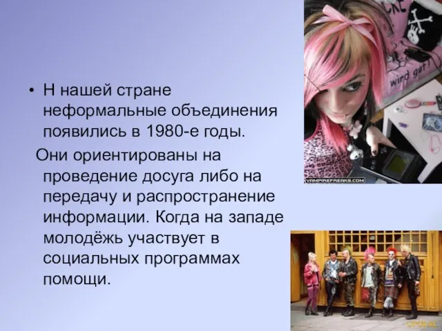 Н нашей стране неформальные объединения появились в 1980-е годы. Они ориентированы на