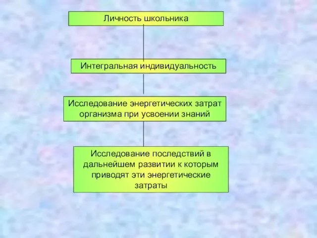 Личность школьника Интегральная индивидуальность Исследование энергетических затрат организма при усвоении знаний Исследование