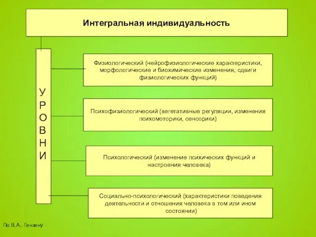 Интегральная индивидуальность Физиологический (нейрофизиологические характеристики, морфологические и биохимические изменения, сдвиги физиологических функций)