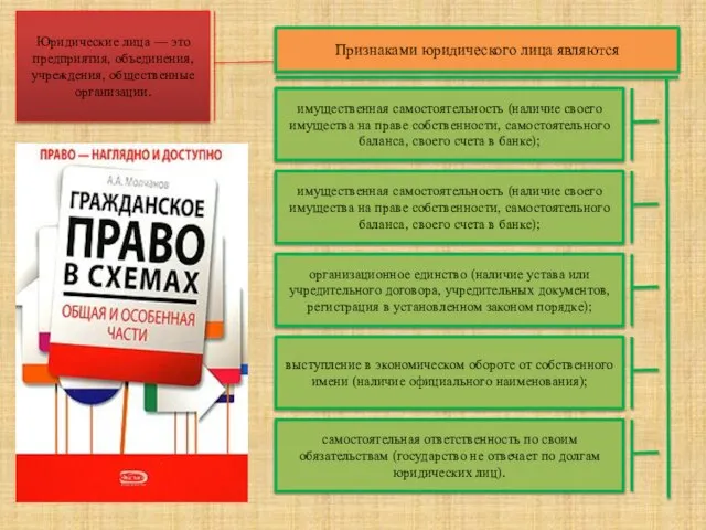 Юридические лица — это предприятия, объединения, учреждения, общественные организации. Признаками юридического лица