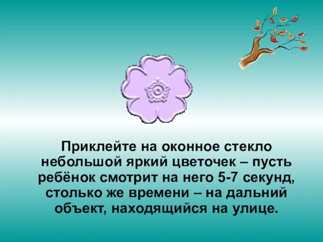 Приклейте на оконное стекло небольшой яркий цветочек – пусть ребёнок смотрит на