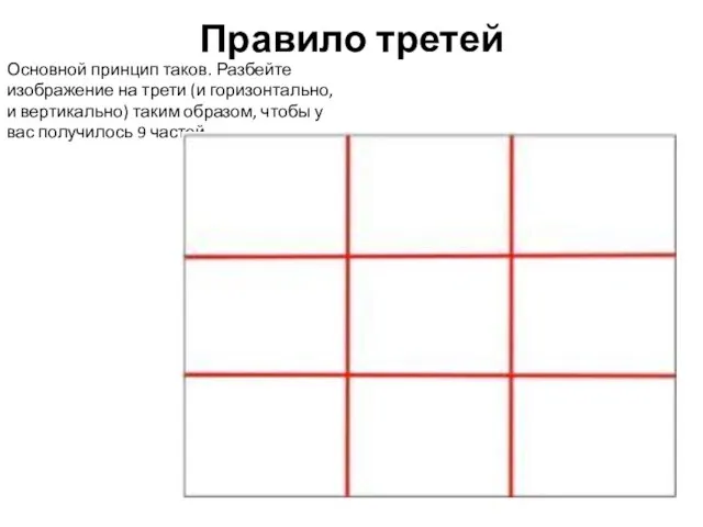 Основной принцип таков. Разбейте изображение на трети (и горизонтально, и вертикально) таким