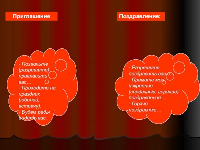 Приглашение - Позвольте (разрешите) пригласить вас… - Приходите на праздник (юбилей, встречу).