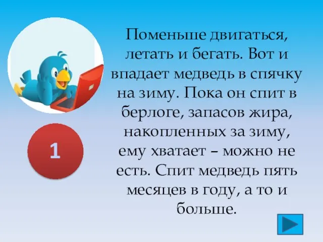 1 Поменьше двигаться, летать и бегать. Вот и впадает медведь в спячку