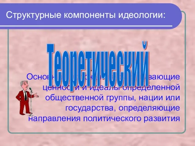 Структурные компоненты идеологии: Основные положения, раскрывающие ценности и идеалы определенной общественной группы,