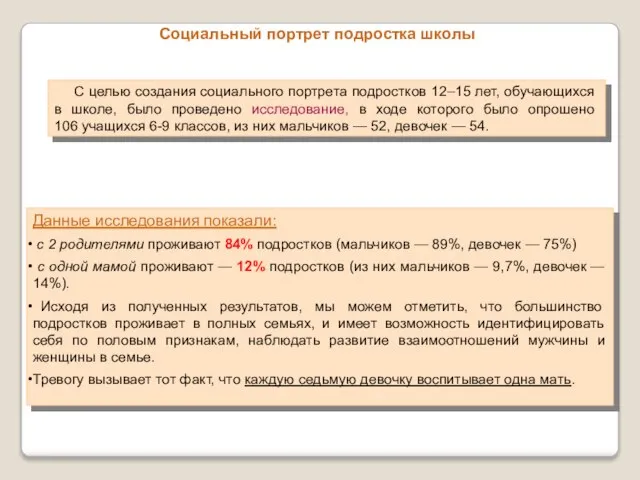 С целью создания социального портрета подростков 12–15 лет, обучающихся в школе, было