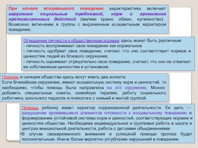 При начале асоциального поведения характеристика включает нарушение социальных требований, норм и проявления