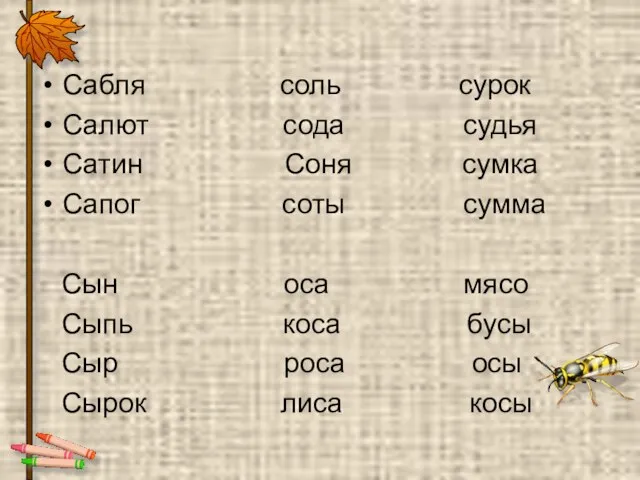 Сабля соль сурок Салют сода судья Сатин Соня сумка Сапог соты сумма