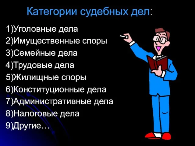 Категории судебных дел: 1)Уголовные дела 2)Имущественные споры 3)Семейные дела 4)Трудовые дела 5)Жилищные