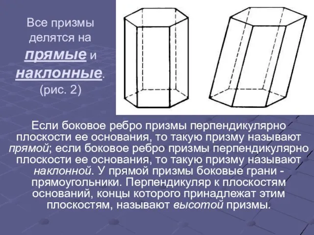 Все призмы делятся на прямые и наклонные. (рис. 2) Если боковое ребро