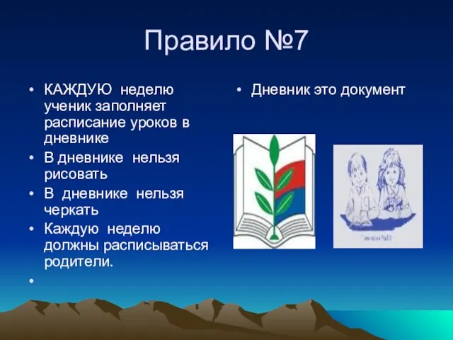 Правило №7 КАЖДУЮ неделю ученик заполняет расписание уроков в дневнике В дневнике