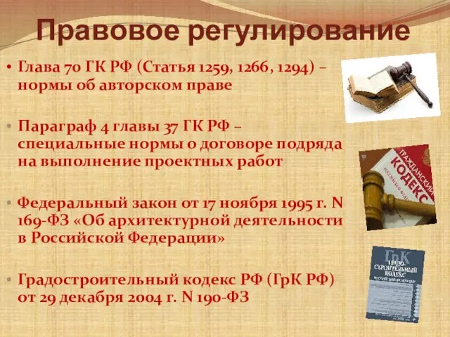 Правовое регулирование Глава 70 ГК РФ (Статья 1259, 1266, 1294) – нормы