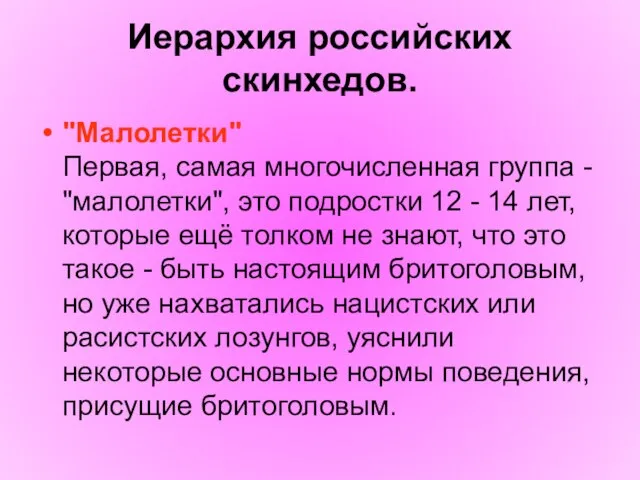 Иерархия российских скинхедов. "Малолетки" Первая, самая многочисленная группа - "малолетки", это подростки