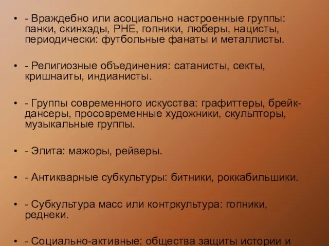 - Враждебно или асоциально настроенные группы: панки, скинхэды, РНЕ, гопники, люберы, нацисты,