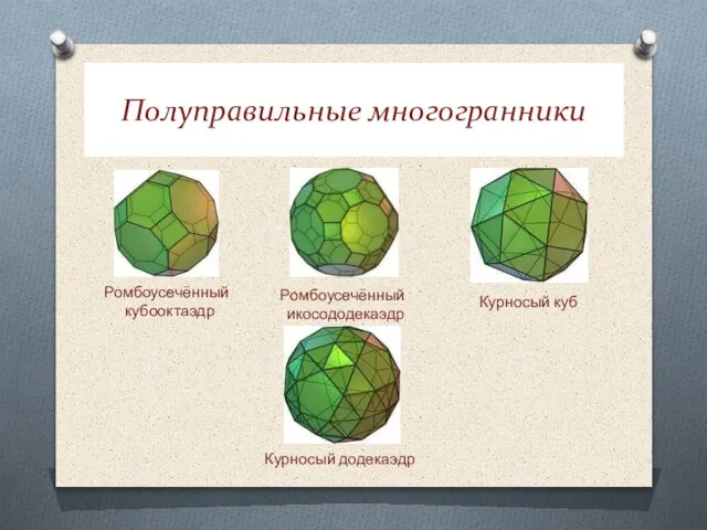 Полуправильные многогранники Ромбоусечённый кубооктаэдр Ромбоусечённый икосододекаэдр Курносый куб Курносый додекаэдр