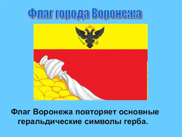 Флаг Воронежа повторяет основные геральдические символы герба. Флаг города Воронежа