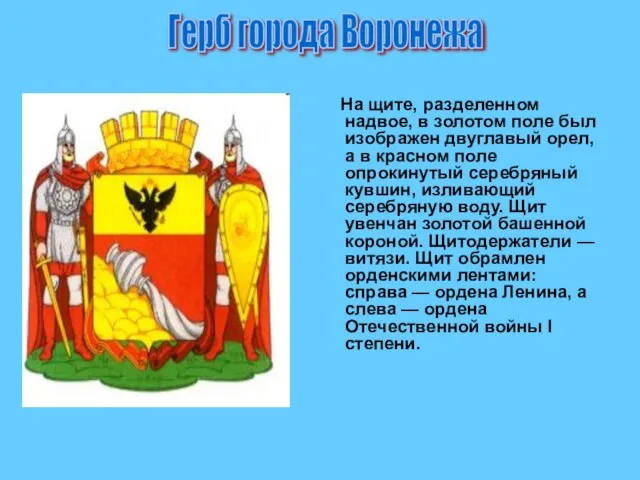 На щите, разделенном надвое, в золотом поле был изображен двуглавый орел, а