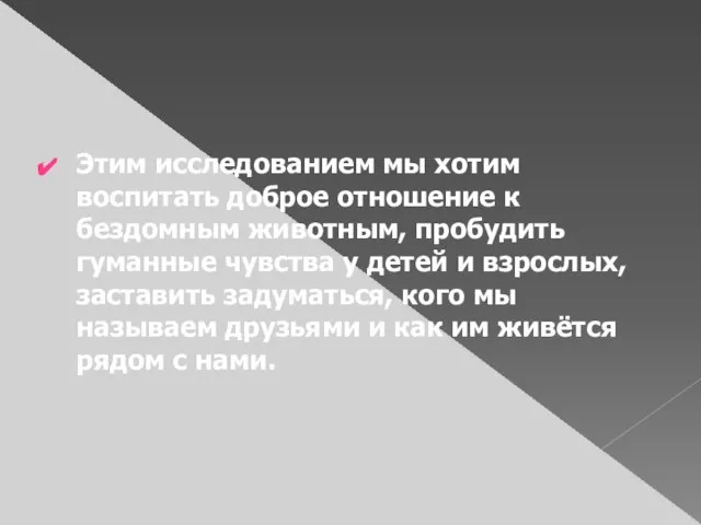 Этим исследованием мы хотим воспитать доброе отношение к бездомным животным, пробудить гуманные