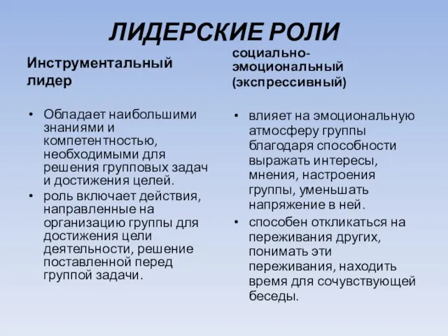 ЛИДЕРСКИЕ РОЛИ Инструментальный лидер Обладает наибольшими знаниями и компетентностью, необходимыми для решения