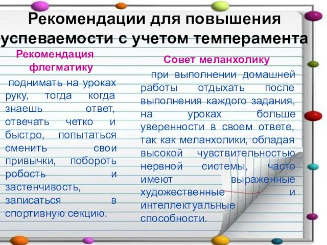 Рекомендации для повышения успеваемости с учетом темперамента Рекомендация флегматику поднимать на уроках