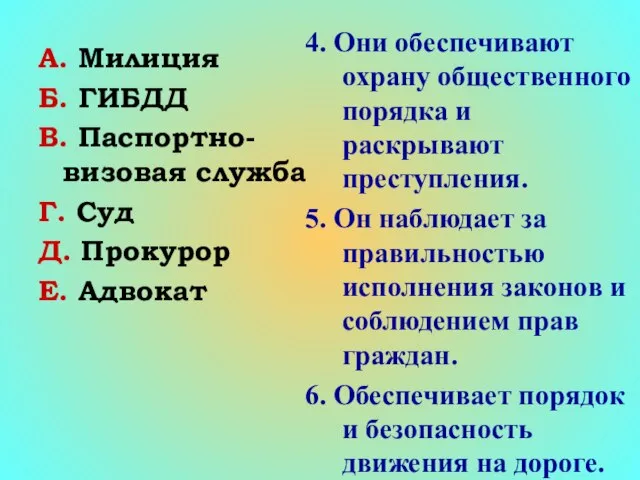 А. Милиция Б. ГИБДД В. Паспортно-визовая служба Г. Суд Д. Прокурор Е.