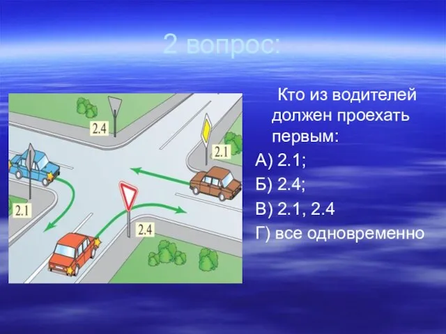 2 вопрос: Кто из водителей должен проехать первым: А) 2.1; Б) 2.4;