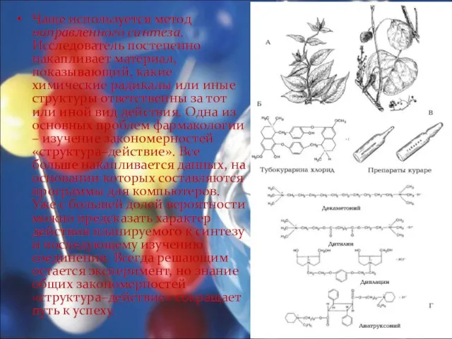 Чаще используется метод направленного синтеза. Исследователь постепенно накапливает материал, показывающий, какие химические
