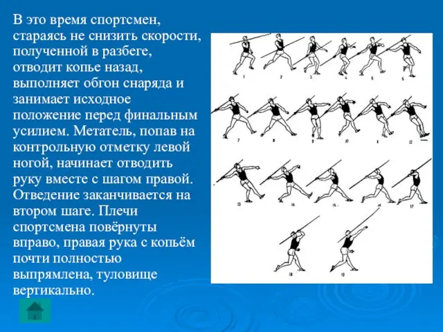 В это время спортсмен, стараясь не снизить скорости, полученной в разбеге, отводит