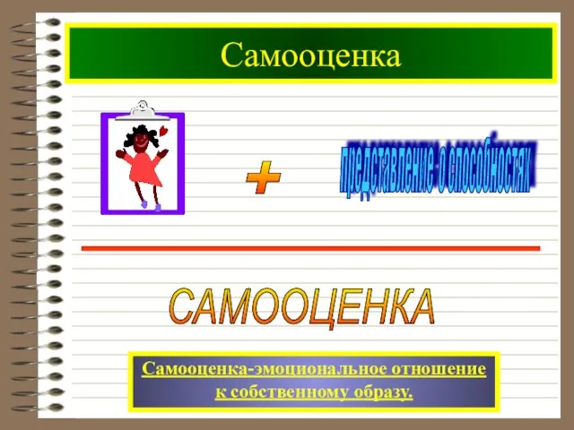 Самооценка Самооценка-эмоциональное отношение к собственному образу. + представление о способностях САМООЦЕНКА