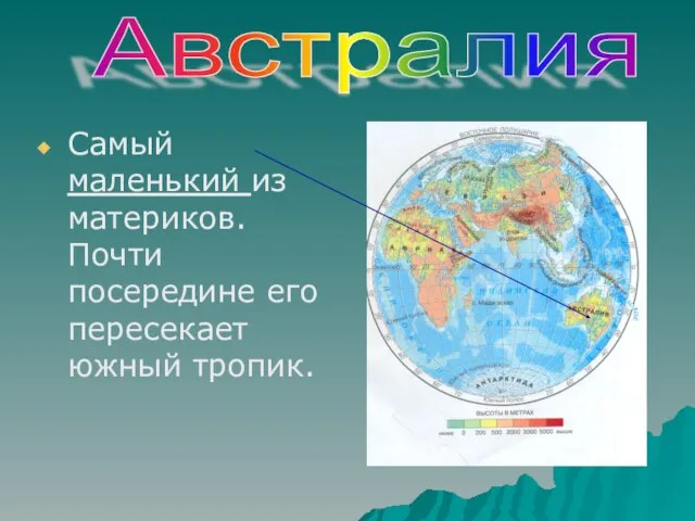 Самый маленький из материков. Почти посередине его пересекает южный тропик. Австралия