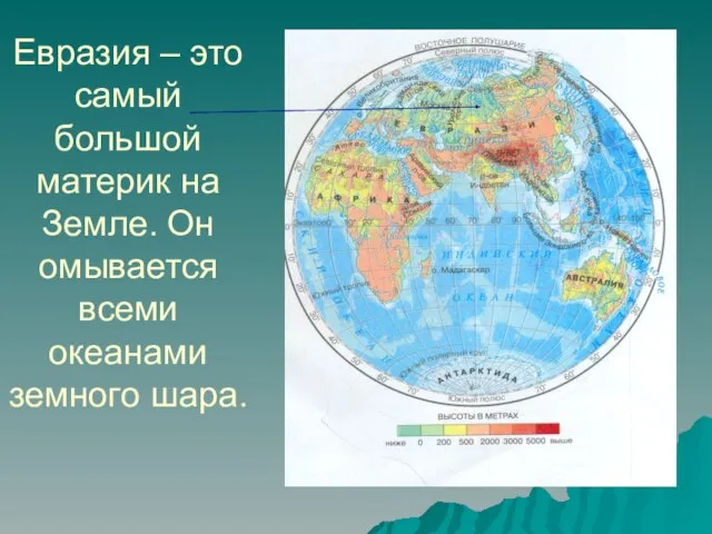 Евразия – это самый большой материк на Земле. Он омывается всеми океанами земного шара.