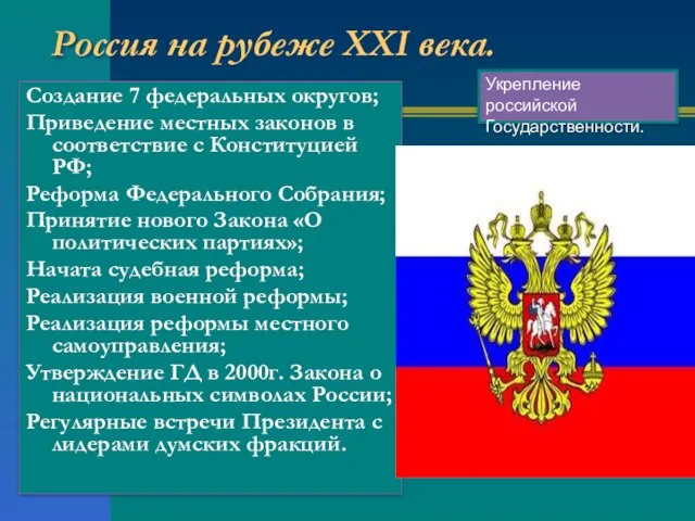 Россия на рубеже XXI века. Создание 7 федеральных округов; Приведение местных законов