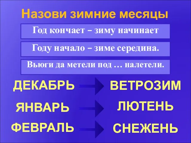 Году начало – зиме середина. Назови зимние месяцы Год кончает – зиму