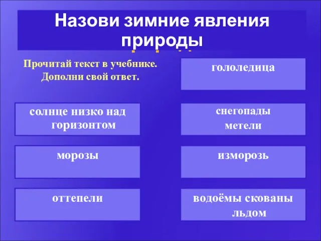 Изменения в неживой природе гололедица снегопады метели солнце низко над горизонтом изморозь