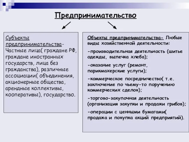 Предпринимательство Субъекты предпринимательства- Частные лица( граждане РФ, граждане иностранных государств, лица без