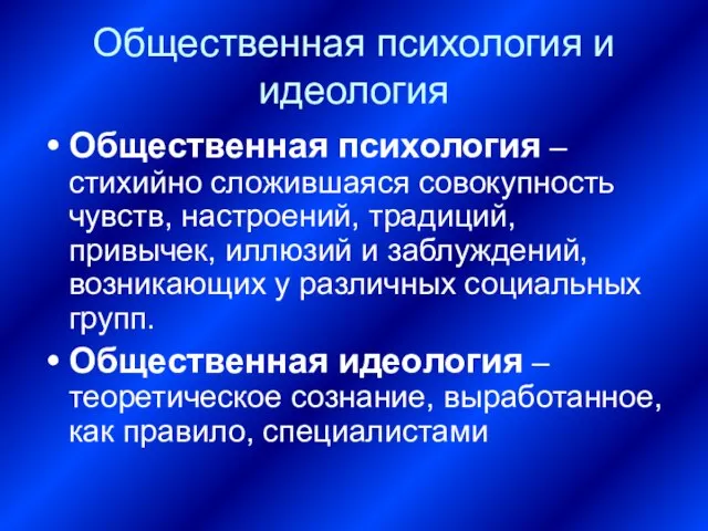 Общественная психология и идеология Общественная психология – стихийно сложившаяся совокупность чувств, настроений,