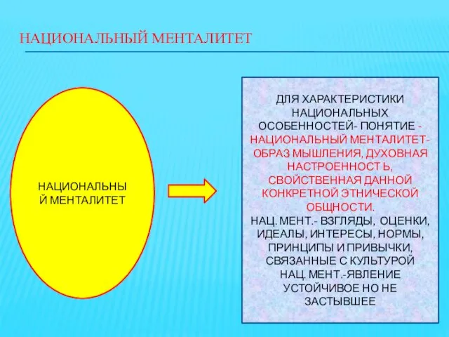 НАЦИОНАЛЬНЫЙ МЕНТАЛИТЕТ НАЦИОНАЛЬНЫЙ МЕНТАЛИТЕТ ДЛЯ ХАРАКТЕРИСТИКИ НАЦИОНАЛЬНЫХ ОСОБЕННОСТЕЙ- ПОНЯТИЕ - НАЦИОНАЛЬНЫЙ МЕНТАЛИТЕТ-