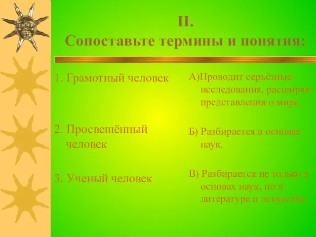 II. Сопоставьте термины и понятия: 1. Грамотный человек 2. Просвещённый человек 3.