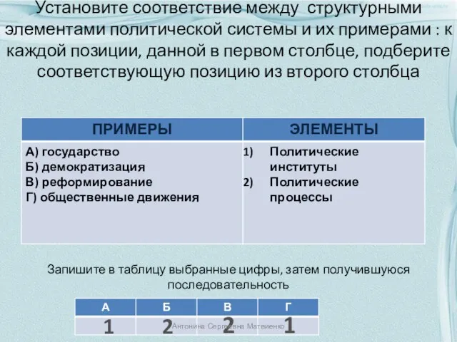 Установите соответствие между структурными элементами политической системы и их примерами : к